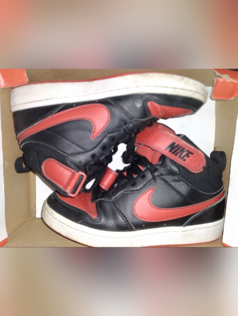Nike Kids Black and Red Mid-Top Sneakers with Velcro Strap